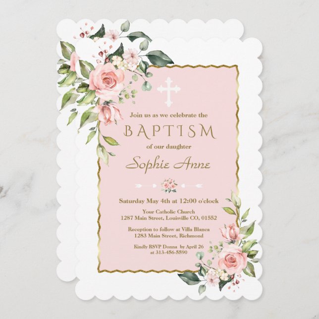 Delicate Pink Blush Flowers Cross Gold Baptism Invitation (Front/Back)