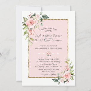 Delicate Pink Blush Flowers Gold Frame Wedding Invitation