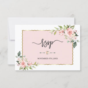 Delicate Pink Blush Flowers Gold Frame Wedding RSVP Card