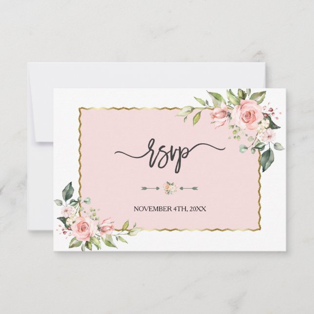 Delicate Pink Blush Flowers Gold Frame Wedding RSVP Card (Front)