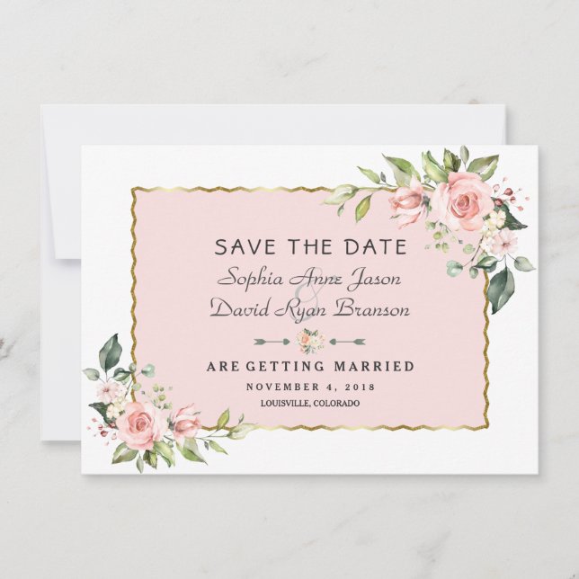 Delicate Pink Blush Flowers Gold Frame Wedding Save The Date (Front)