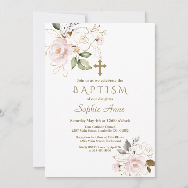 Delicate Pink Blush Gold Flowers Cross Baptism Invitation (Front)