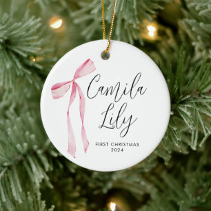 Delicate Pink Bow Baby Girl First Christmas  Ceramic Tree Decoration