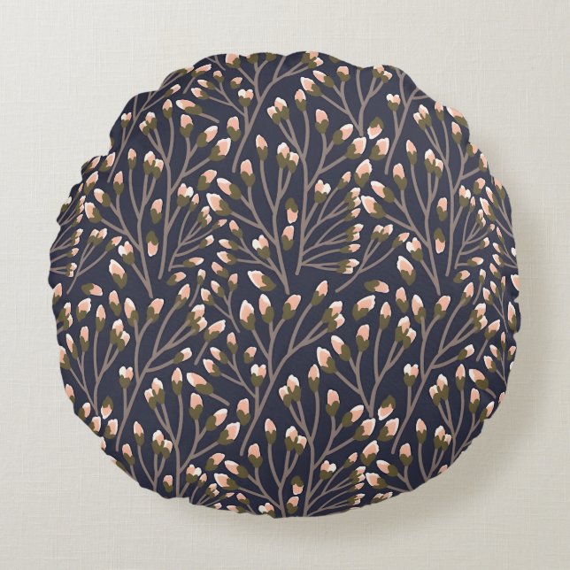 Delicate Pink Buds on Brown Branches Round Cushion (Front)