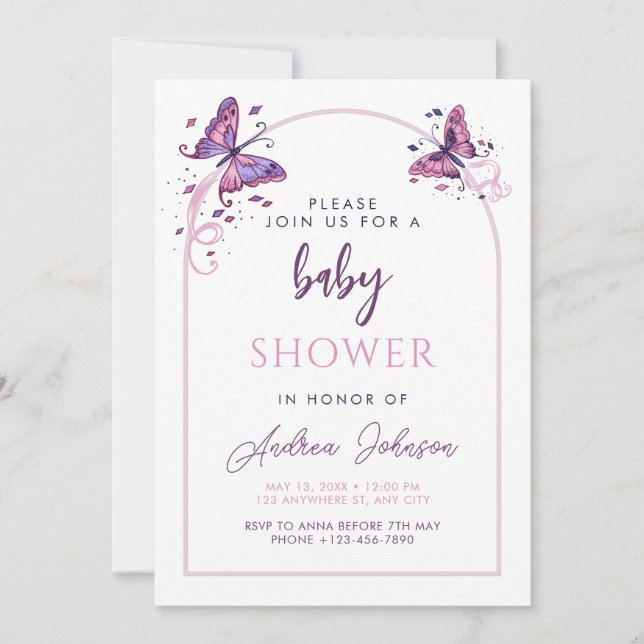 Delicate Pink Butterflies Girl Baby Shower Party Invitation (Front)