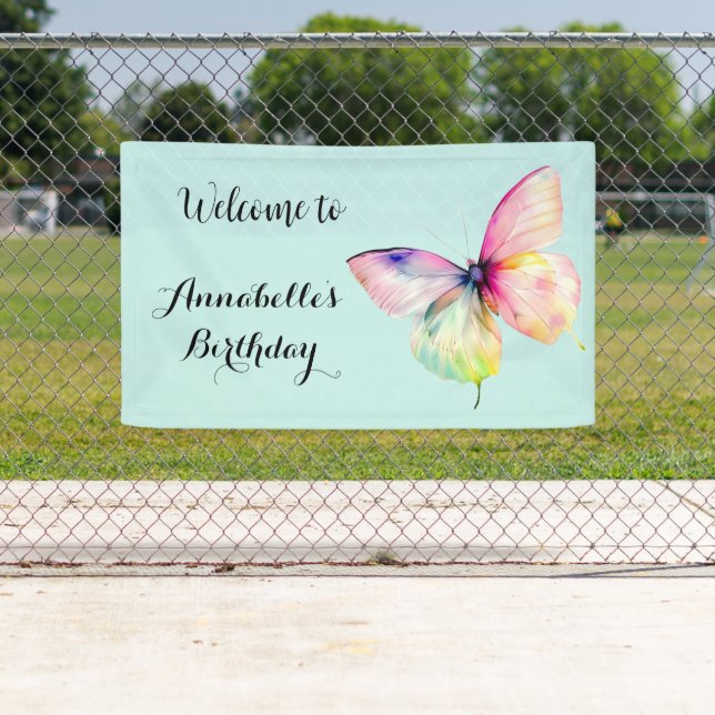Delicate Pink Butterfly in Pastel Rainbow Colours Banner (Insitu)
