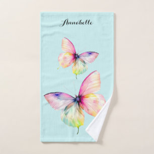 Delicate Pink Butterfly in Pastel Rainbow Colours Bath Towel Set