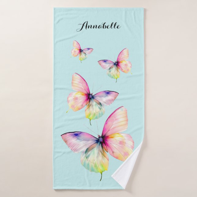 Delicate Pink Butterfly in Pastel Rainbow Colours Bath Towel Set (Bath Towel)