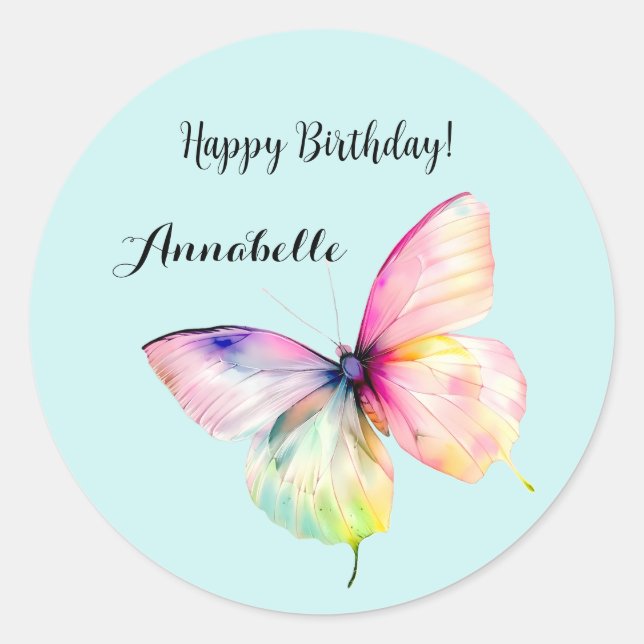Delicate Pink Butterfly in Pastel Rainbow Colours Classic Round Sticker (Front)