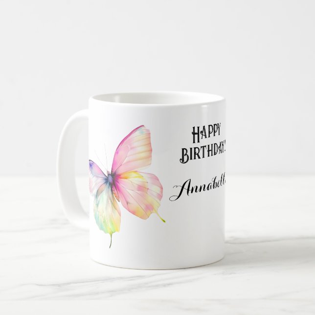 Delicate Pink Butterfly in Pastel Rainbow Colours Coffee Mug (Front Left)