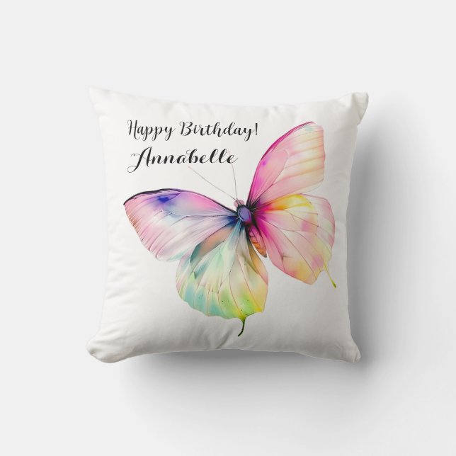 Delicate Pink Butterfly in Pastel Rainbow Colours Cushion (Front)