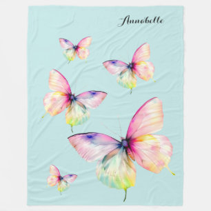 Delicate Pink Butterfly in Pastel Rainbow Colours Fleece Blanket