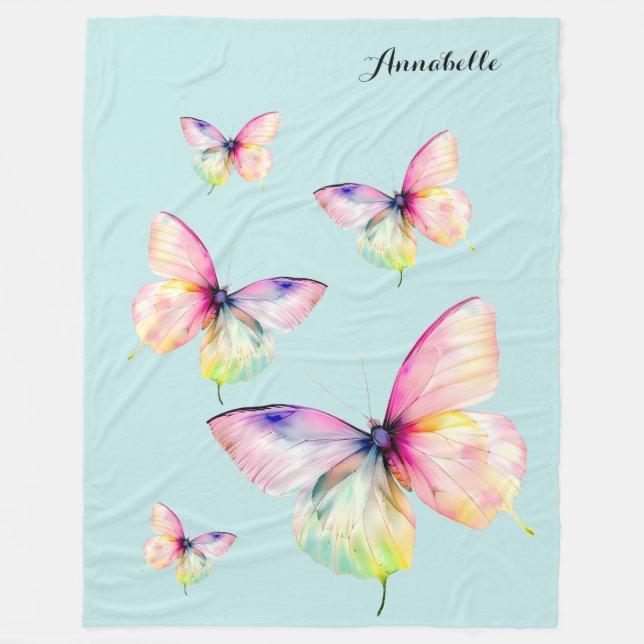 Delicate Pink Butterfly in Pastel Rainbow Colours Fleece Blanket (Front)