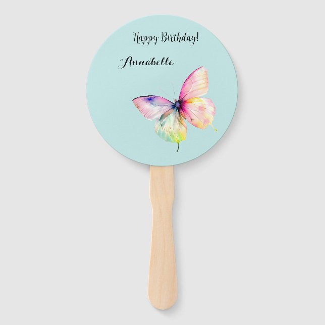 Delicate Pink Butterfly in Pastel Rainbow Colours Hand Fan (Front)