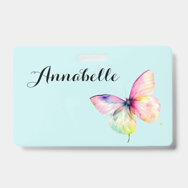 Delicate Pink Butterfly in Pastel Rainbow Colours ID Badge (Front)
