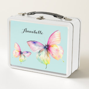Delicate Pink Butterfly in Pastel Rainbow Colours Metal Lunch Box