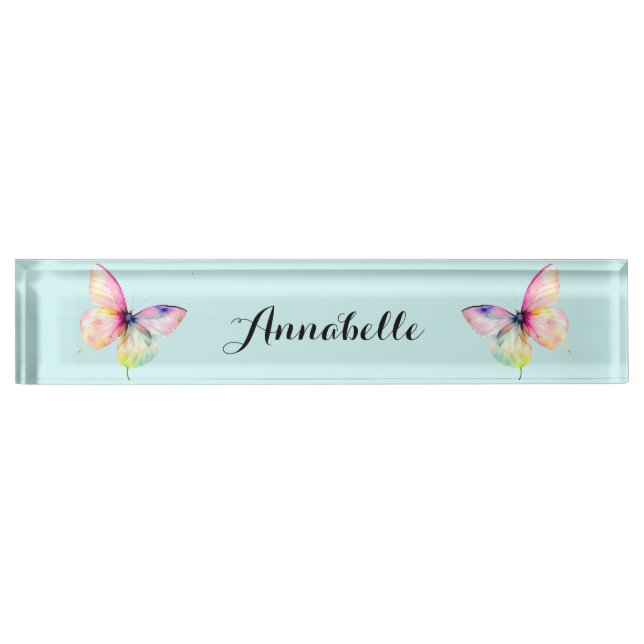 Delicate Pink Butterfly in Pastel Rainbow Colours Nameplate (Front)