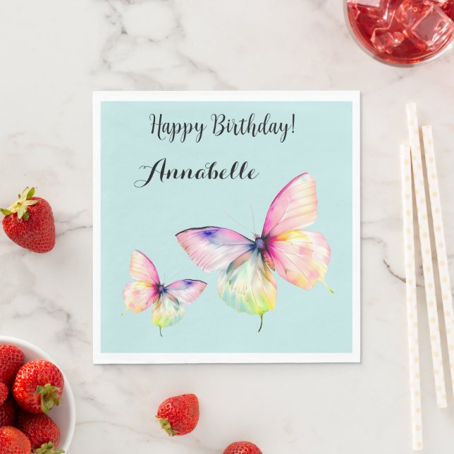 Delicate Pink Butterfly in Pastel Rainbow Colours Napkin (Insitu)