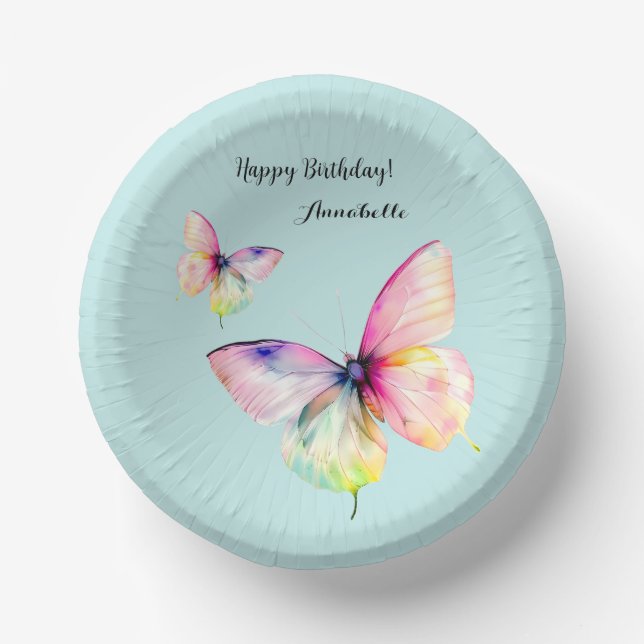 Delicate Pink Butterfly in Pastel Rainbow Colours Paper Plate (Front)