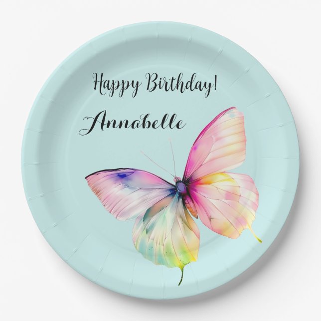 Delicate Pink Butterfly in Pastel Rainbow Colours Paper Plate (Front)