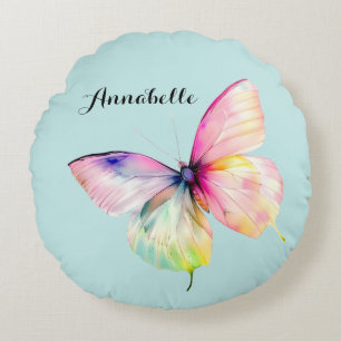 Delicate Pink Butterfly in Pastel Rainbow Colours Round Cushion
