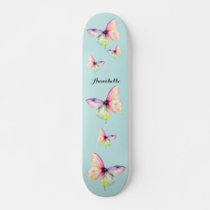 Delicate Pink Butterfly in Pastel Rainbow Colours Skateboard