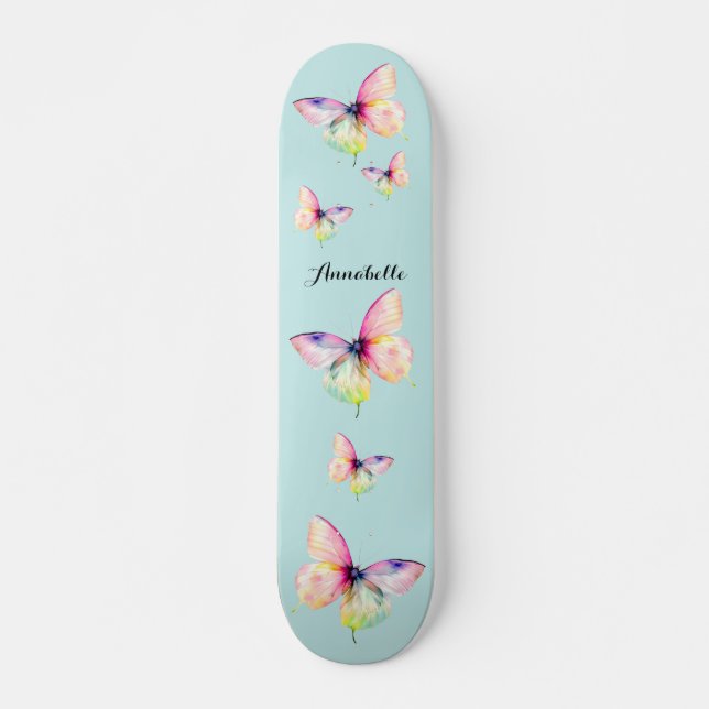 Delicate Pink Butterfly in Pastel Rainbow Colours Skateboard (Front)