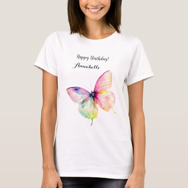 Delicate Pink Butterfly in Pastel Rainbow Colours T-Shirt (Front)