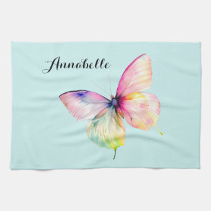 Delicate Pink Butterfly in Pastel Rainbow Colours Tea Towel