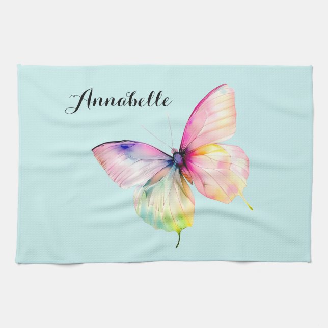 Delicate Pink Butterfly in Pastel Rainbow Colours Tea Towel (Horizontal)