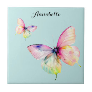Delicate Pink Butterfly in Pastel Rainbow Colours Tile