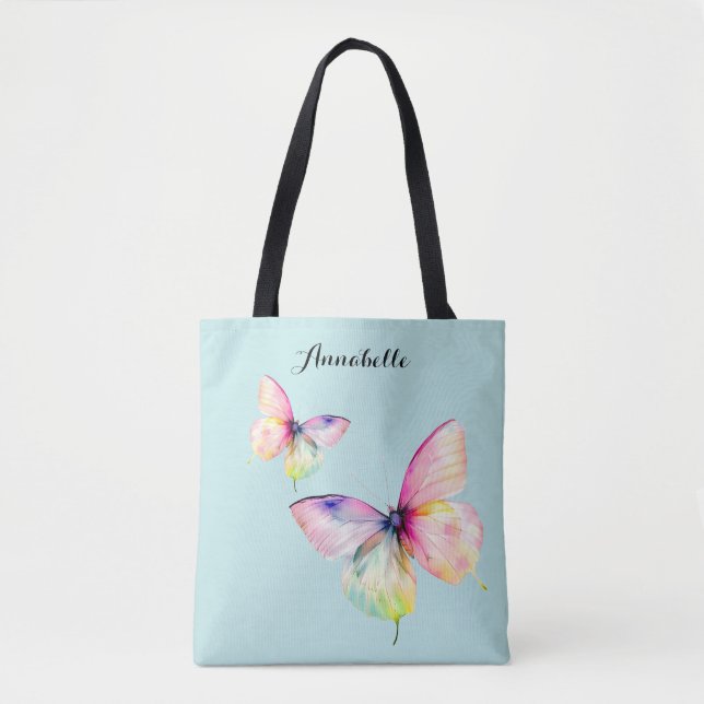 Delicate Pink Butterfly in Pastel Rainbow Colours Tote Bag (Front)
