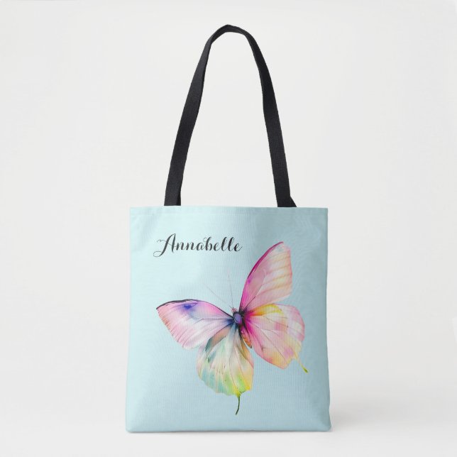 Delicate Pink Butterfly in Pastel Rainbow Colours Tote Bag (Front)