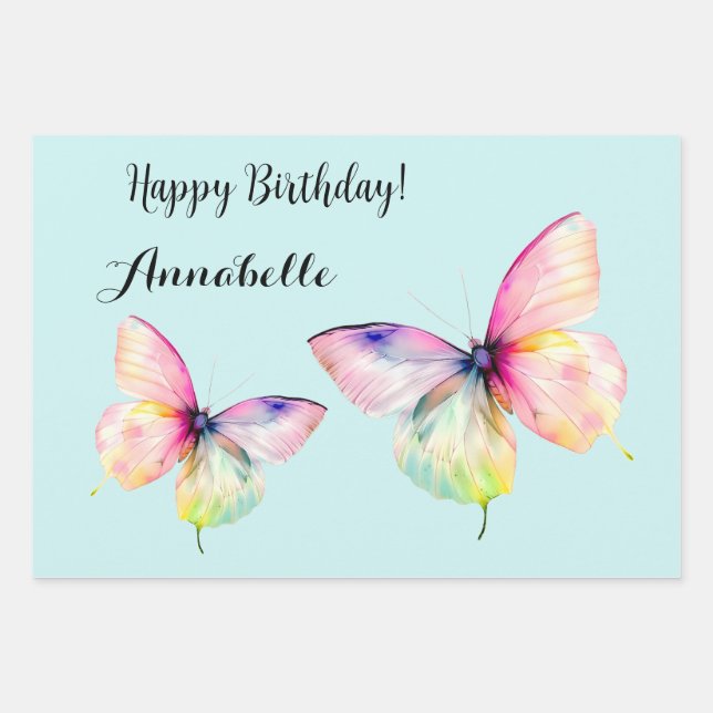 Delicate Pink Butterfly in Pastel Rainbow Colours Wrapping Paper Sheet (Front)