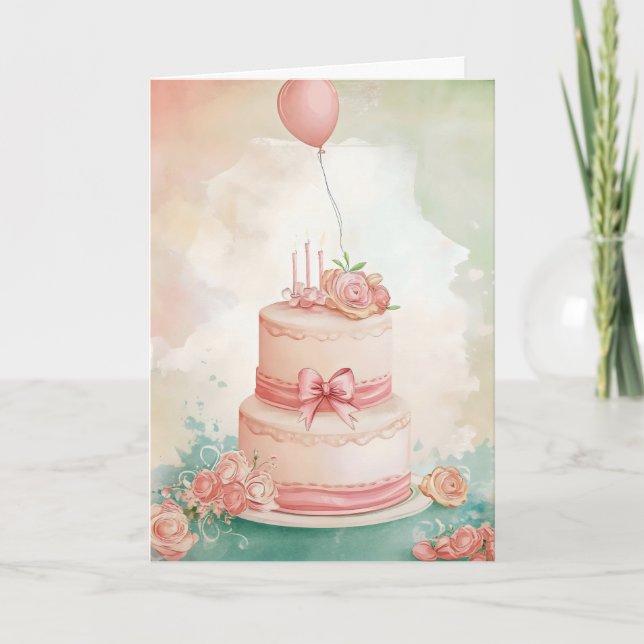 Delicate Pink Cake Birthday Holiday Card (Front)