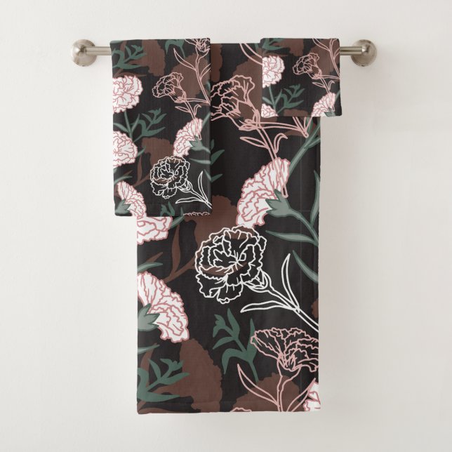  Delicate Pink Carnations with Green Leaves Floral Bath Towel Set (Insitu)