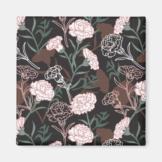  Delicate Pink Carnations with Green Leaves Floral Magnet (Front)