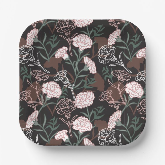  Delicate Pink Carnations with Green Leaves Floral Paper Plate (Front)