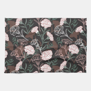 Delicate Pink Carnations with Green Leaves Floral Tea Towel