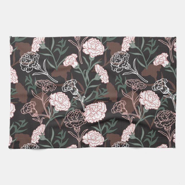  Delicate Pink Carnations with Green Leaves Floral Tea Towel (Horizontal)