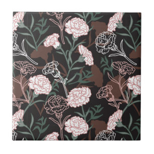  Delicate Pink Carnations with Green Leaves Floral Tile