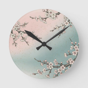 Delicate Pink Cherry Blossom Sakura Branches Round Clock