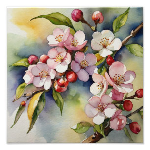 Delicate Pink Cherry Blossoms Watercolor Painting Photo Print