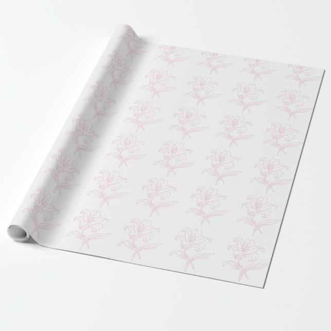 Delicate Pink Floral Lily Lineart Bridal Shower Wrapping Paper (Unrolled)