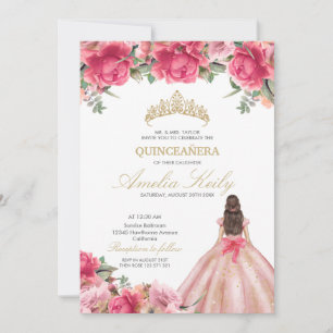 Delicate Pink Floral Princess Rose Gold Quinceañer Invitation