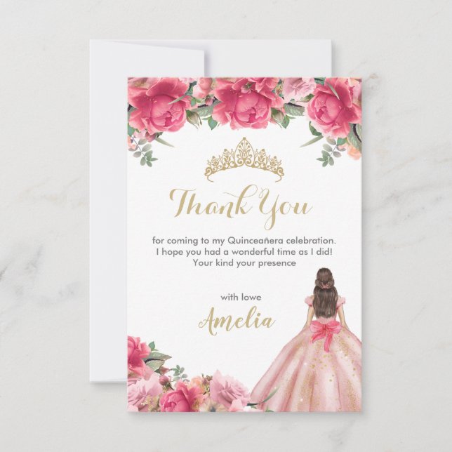 Delicate Pink Floral Princess Rose Gold Quinceañer Thank You Card (Front)