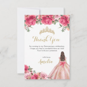 Delicate Pink Floral Princess Rose Gold Quinceañer Thank You Card