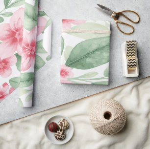 Delicate Pink Florals with Green Leaves on White Wrapping Paper