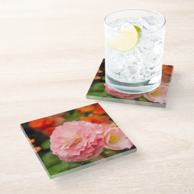 Delicate pink flower after the rain  glass coaster (Angled)
