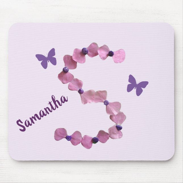 Delicate Pink Flower Monogram S Butterfly Floral Mouse Mat (Front)